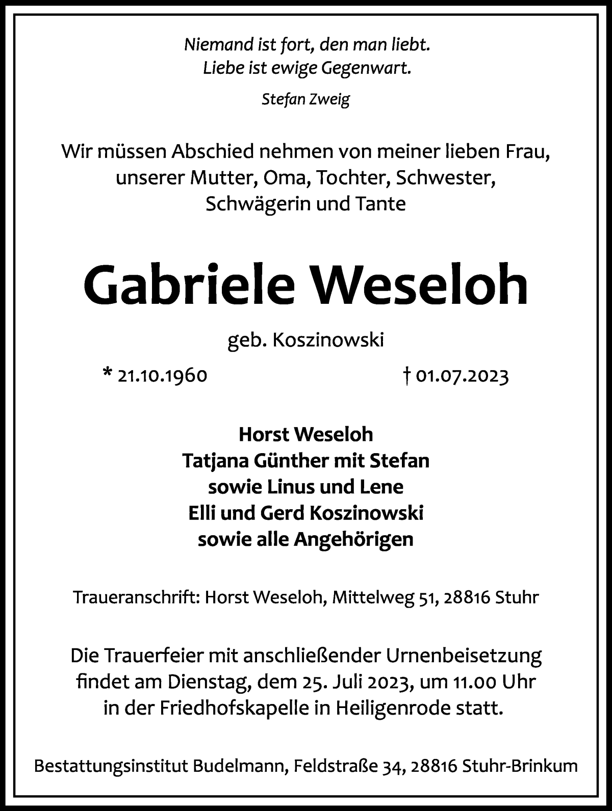 Traueranzeige von Gabriele Weseloh von WESER-KURIER