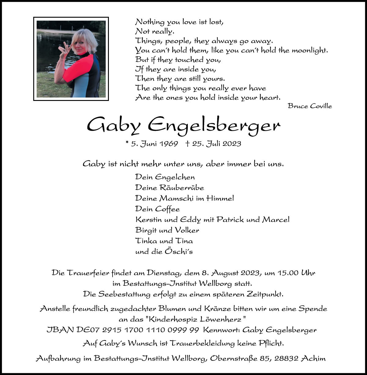 Traueranzeige von Gaby Engelsberger von Achimer Kurier/Verdener Nachrichten