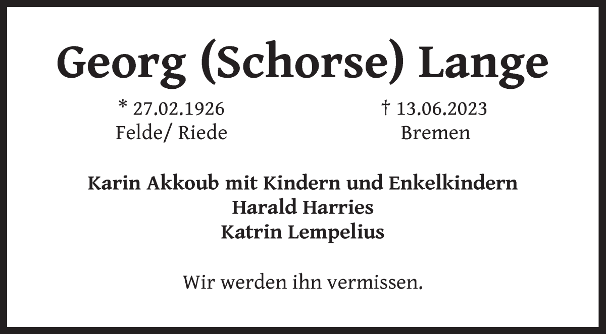 Traueranzeige von Georg (Schorse) Lange von WESER-KURIER