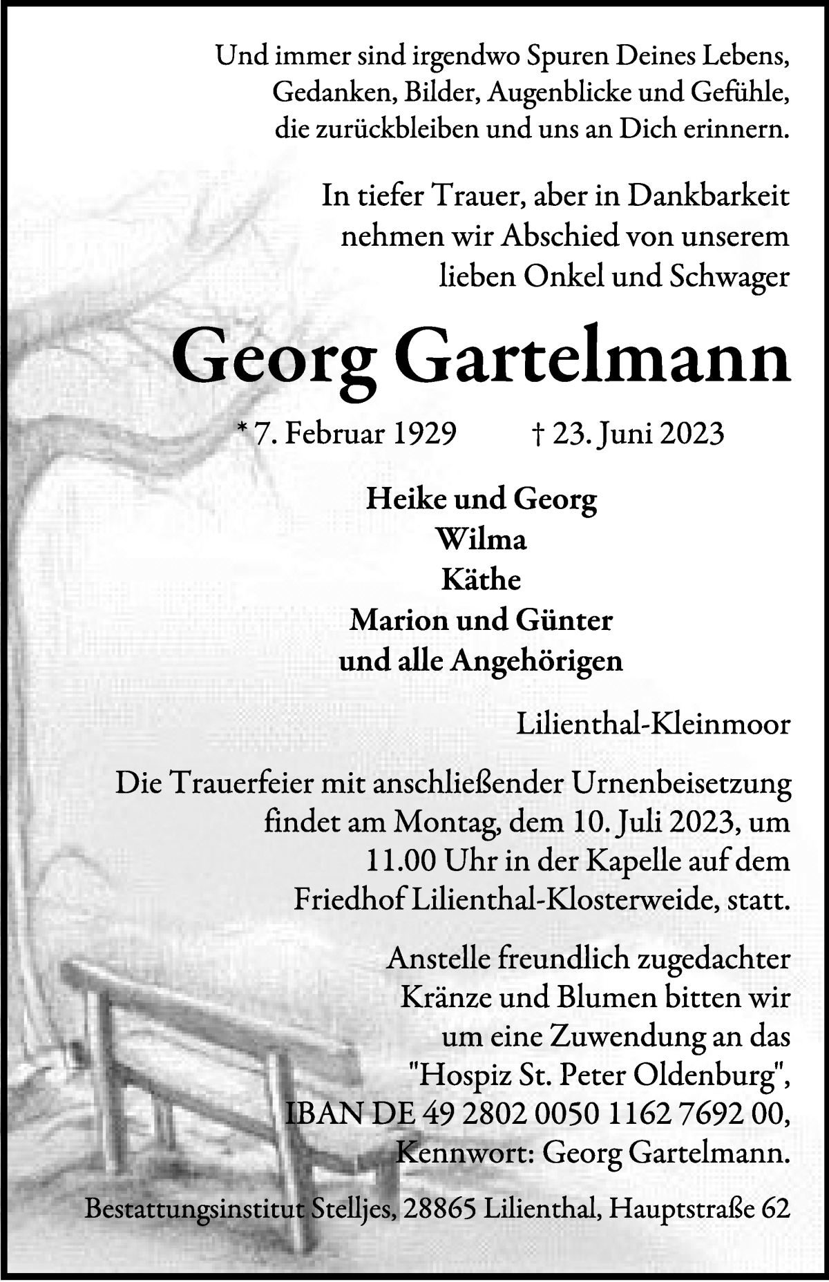 Traueranzeige von Georg Gartelmann von Wuemme Zeitung
