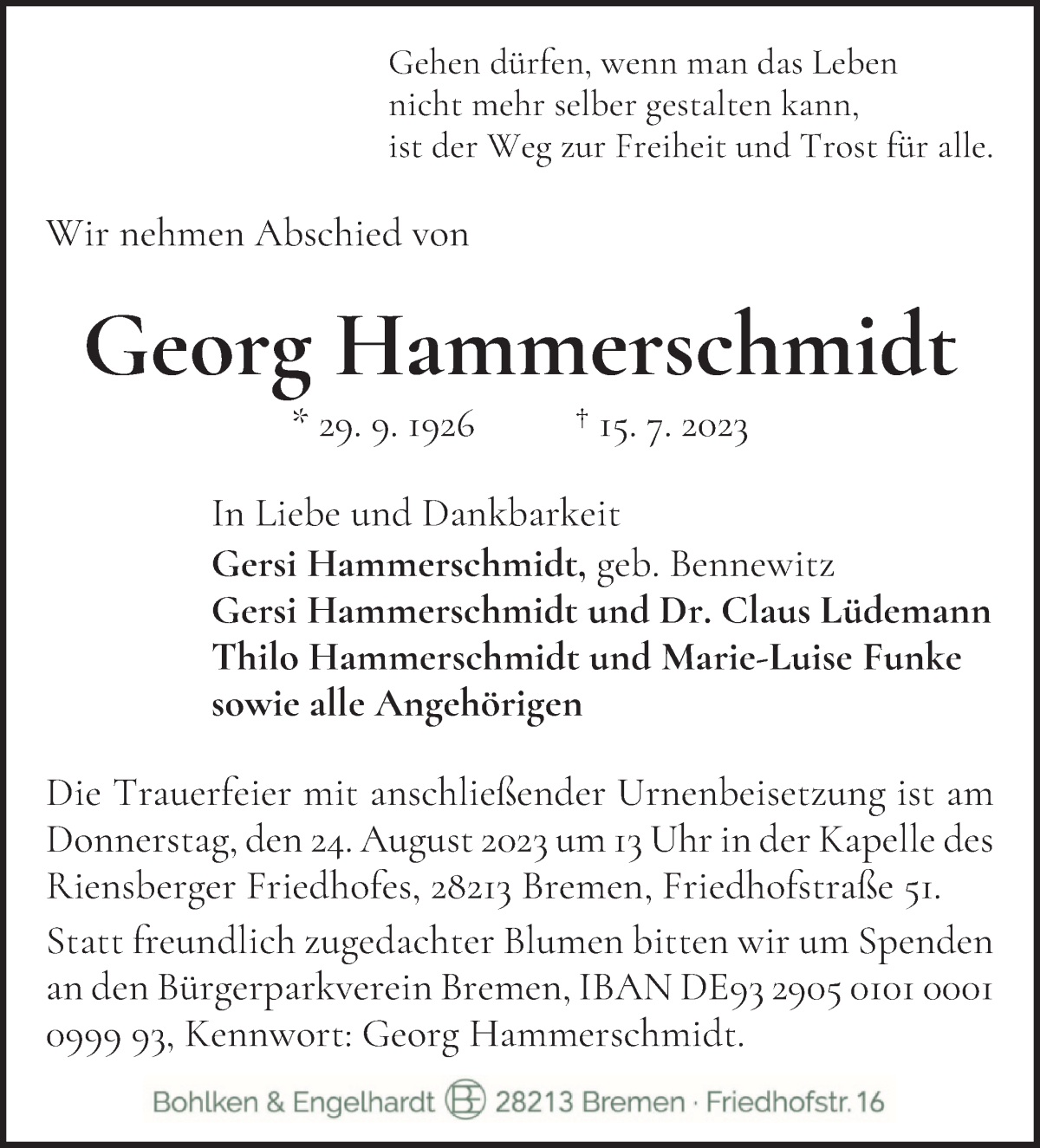 Traueranzeige von Georg Hammerschmidt von WESER-KURIER