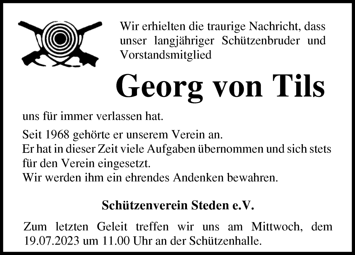 Traueranzeige von Georg von Tils von Osterholzer Kreisblatt