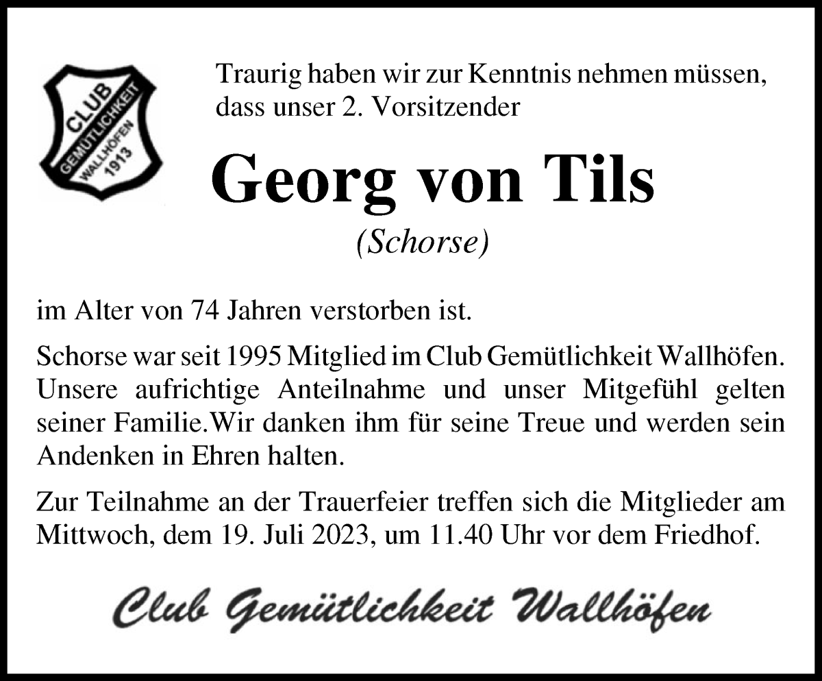 Traueranzeige von Georg von Tils von Osterholzer Kreisblatt
