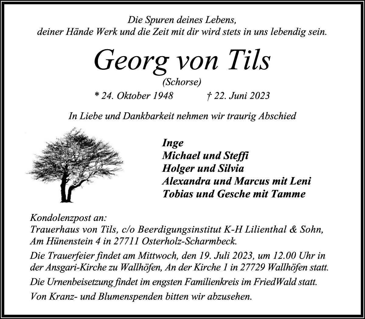 Traueranzeige von Georg von Tils von Osterholzer Kreisblatt