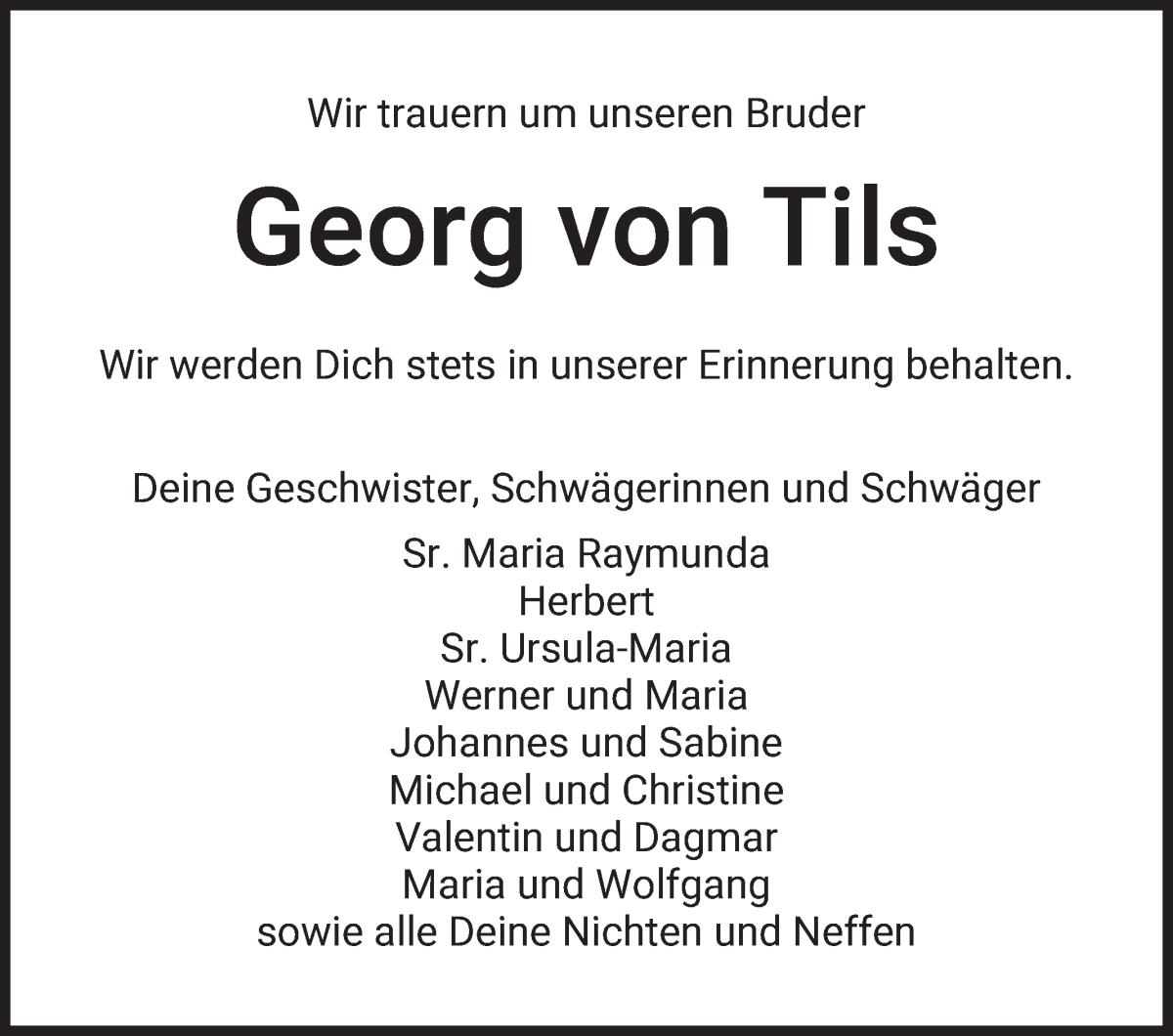 Traueranzeige von Georg von Tils von Osterholzer Kreisblatt