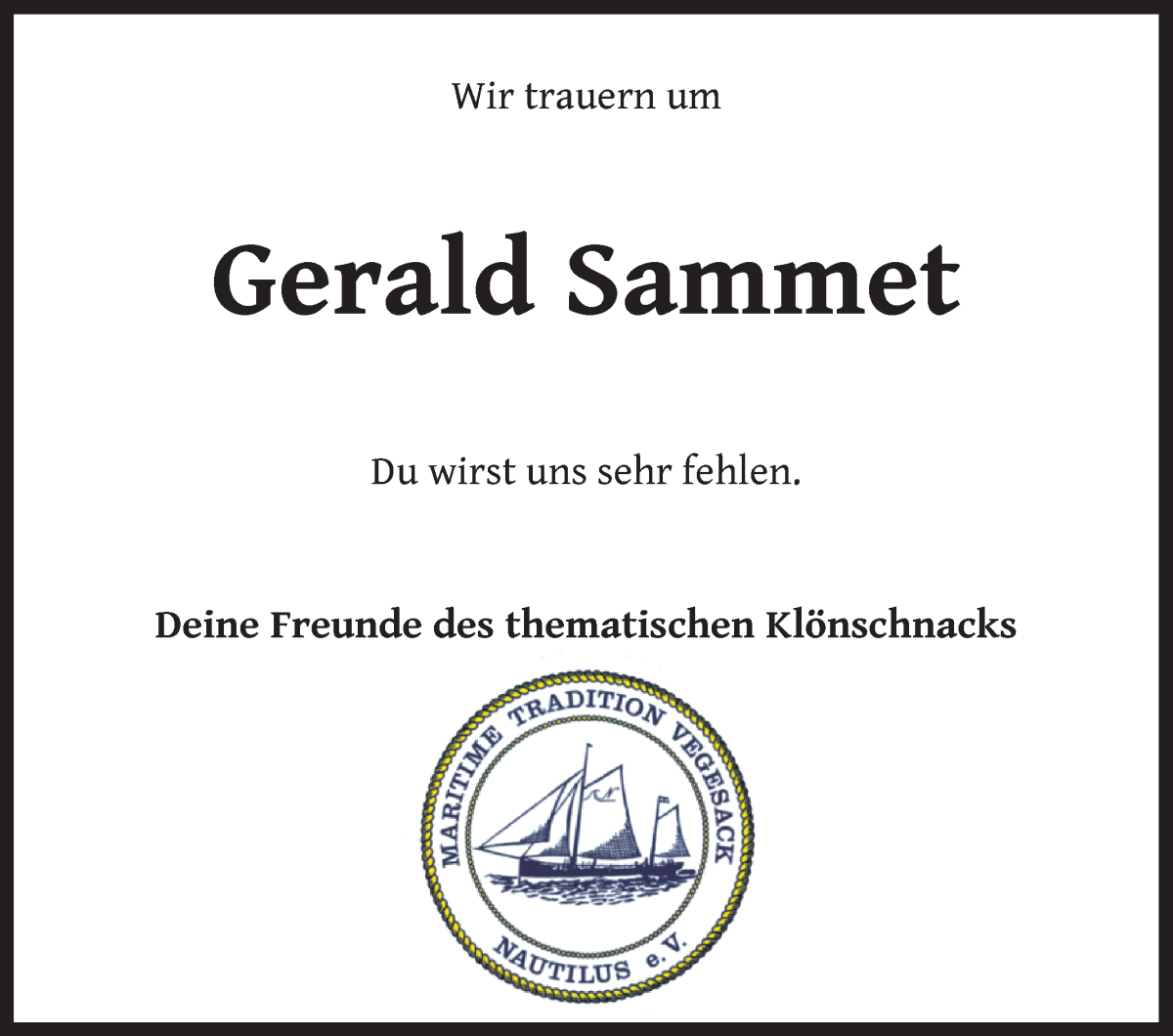 Traueranzeige von Gerald Sammet von Die Norddeutsche