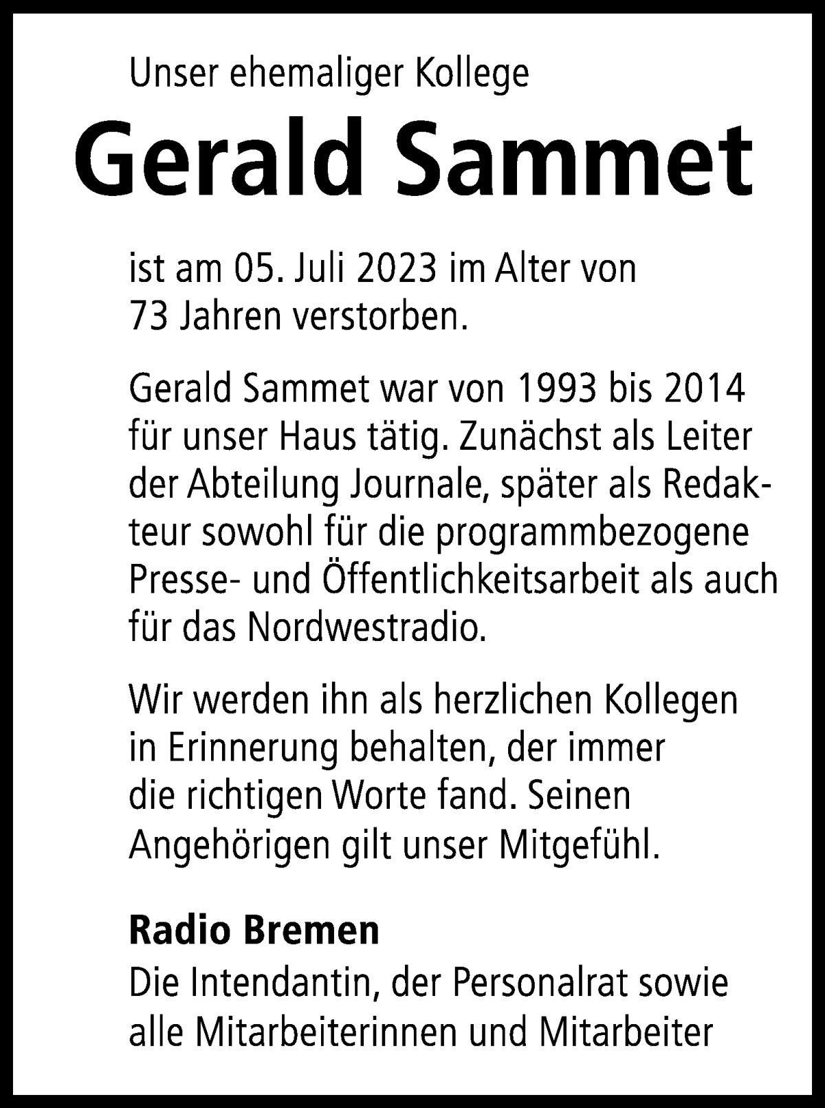 Traueranzeige von Gerald Sammet von WESER-KURIER