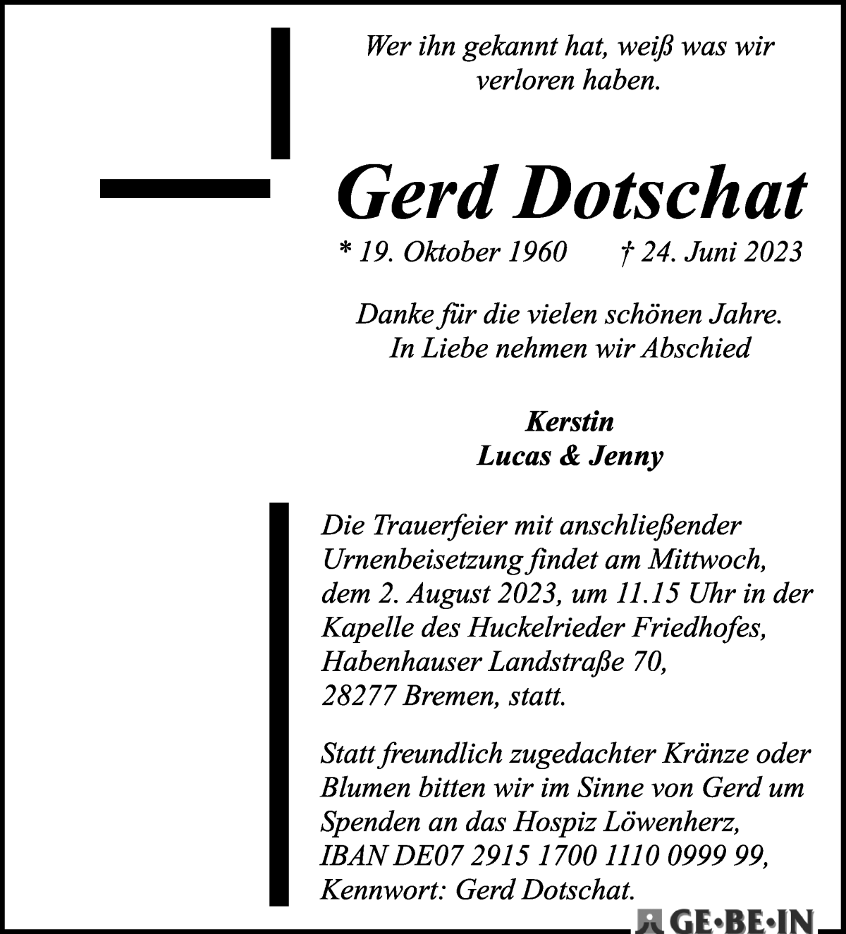 Traueranzeige von Gerd Dotschat von WESER-KURIER