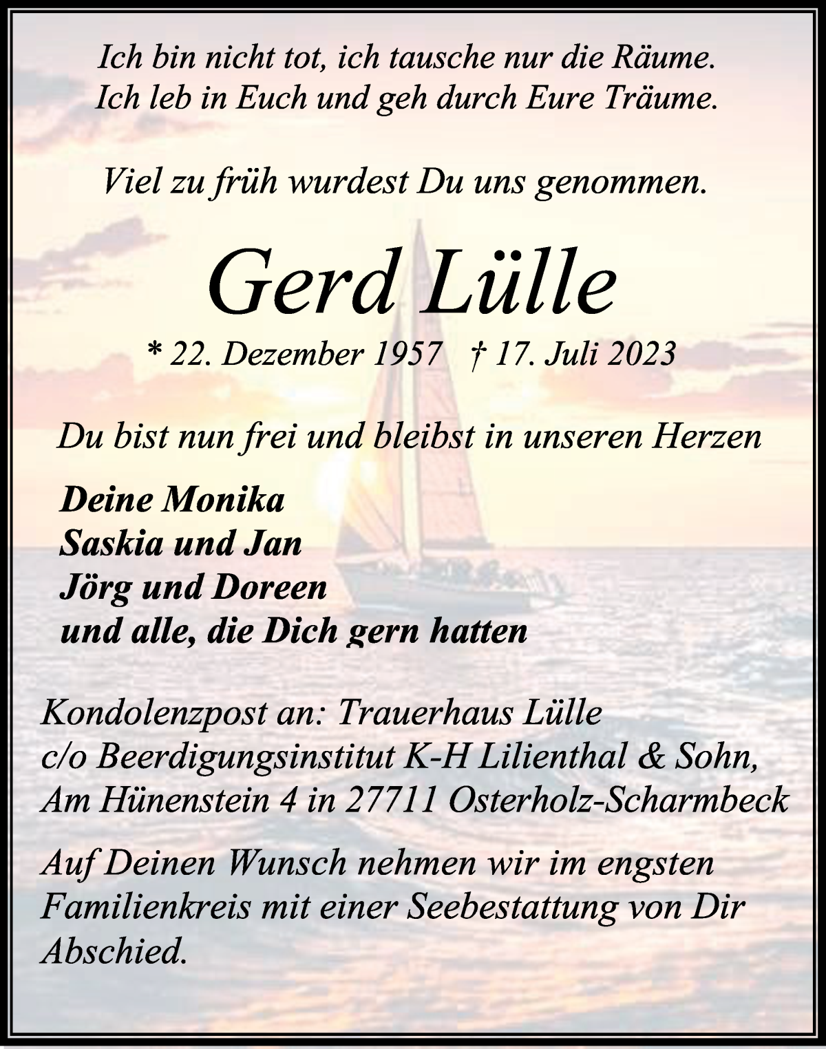 Traueranzeige von Gerd Lülle von Osterholzer Kreisblatt