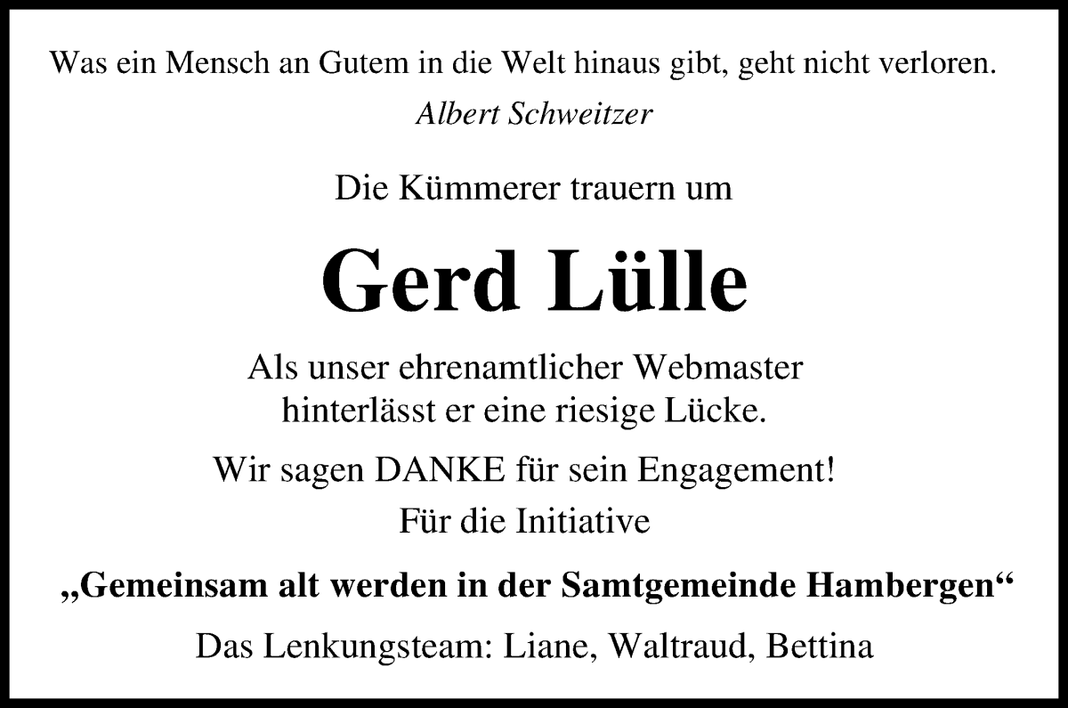 Traueranzeige von Gerd Lülle von Osterholzer Kreisblatt
