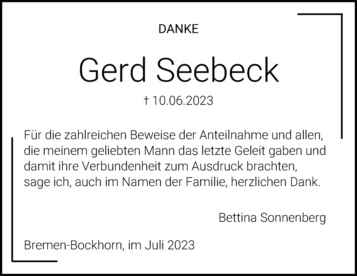 Traueranzeige von Gerd Seebeck von Die Norddeutsche