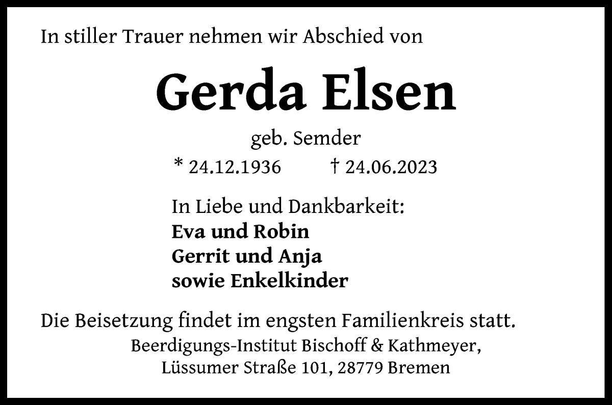 Traueranzeige von Gerda Elsen von Die Norddeutsche