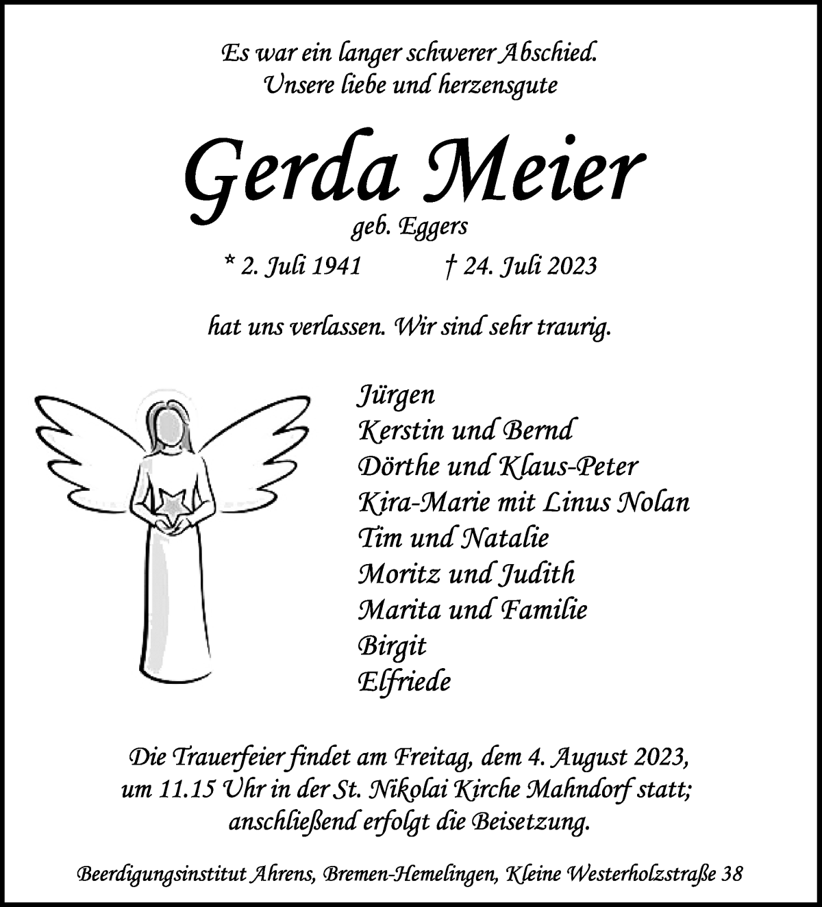 Traueranzeige von Gerda Meier von WESER-KURIER