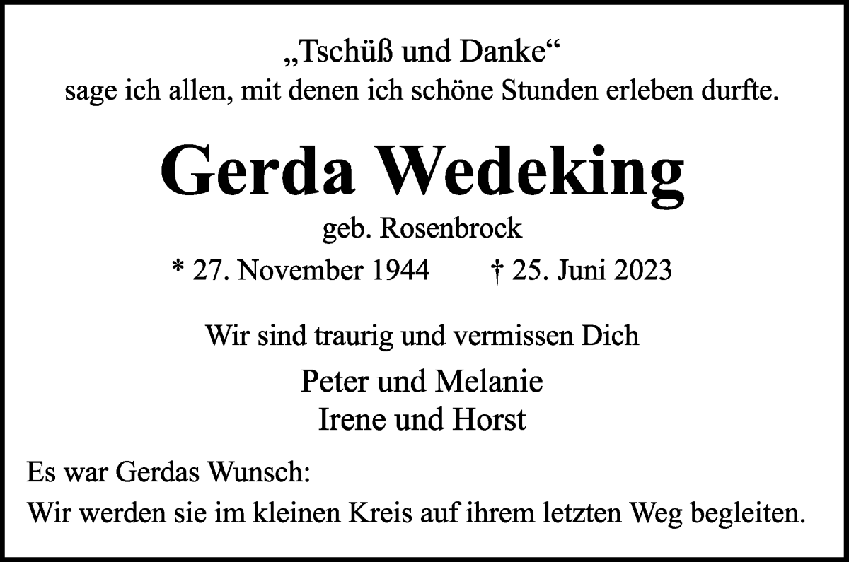 Traueranzeige von Gerda Wedeking von WESER-KURIER