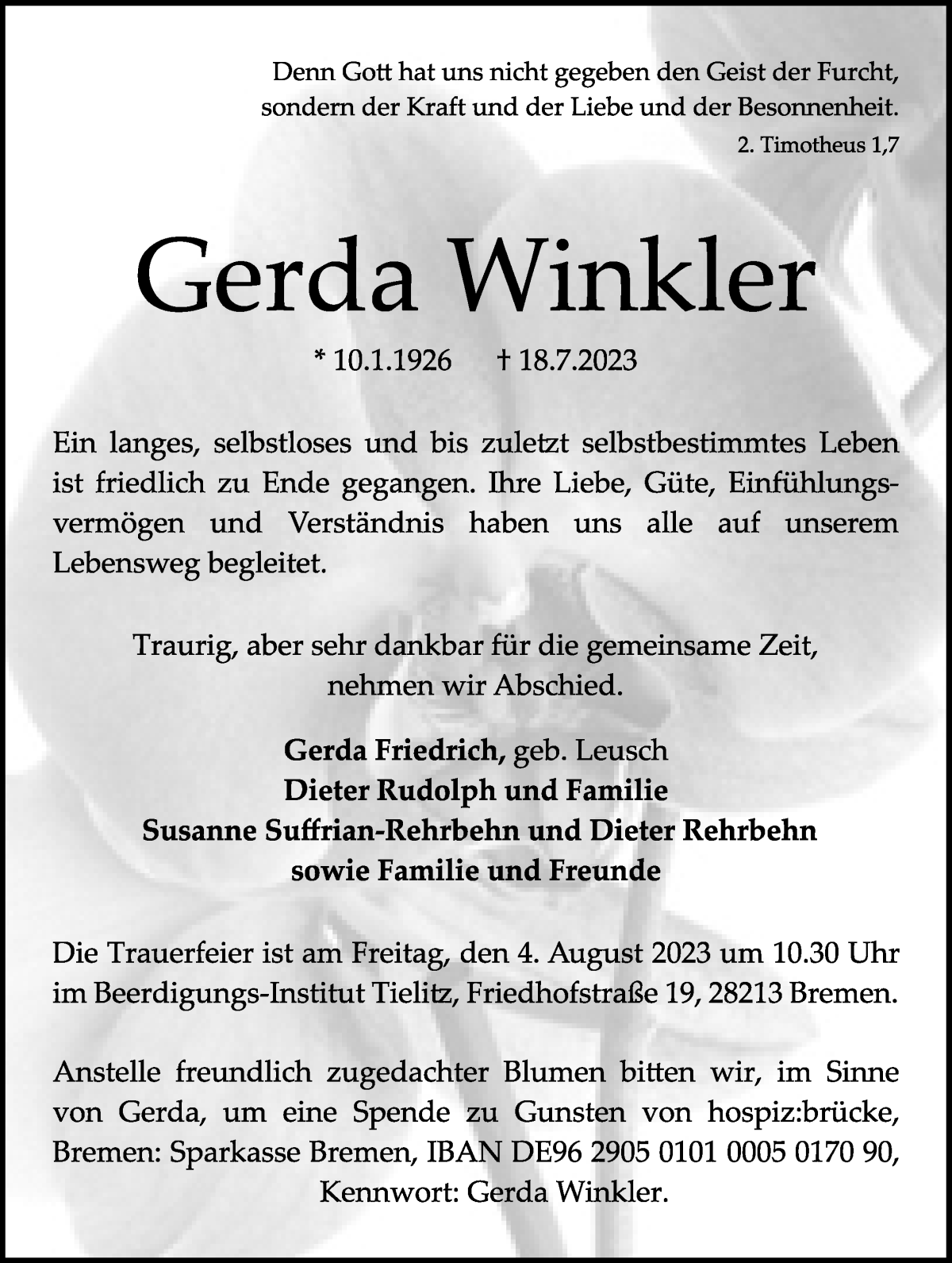 Traueranzeige von Gerda Winkler von WESER-KURIER