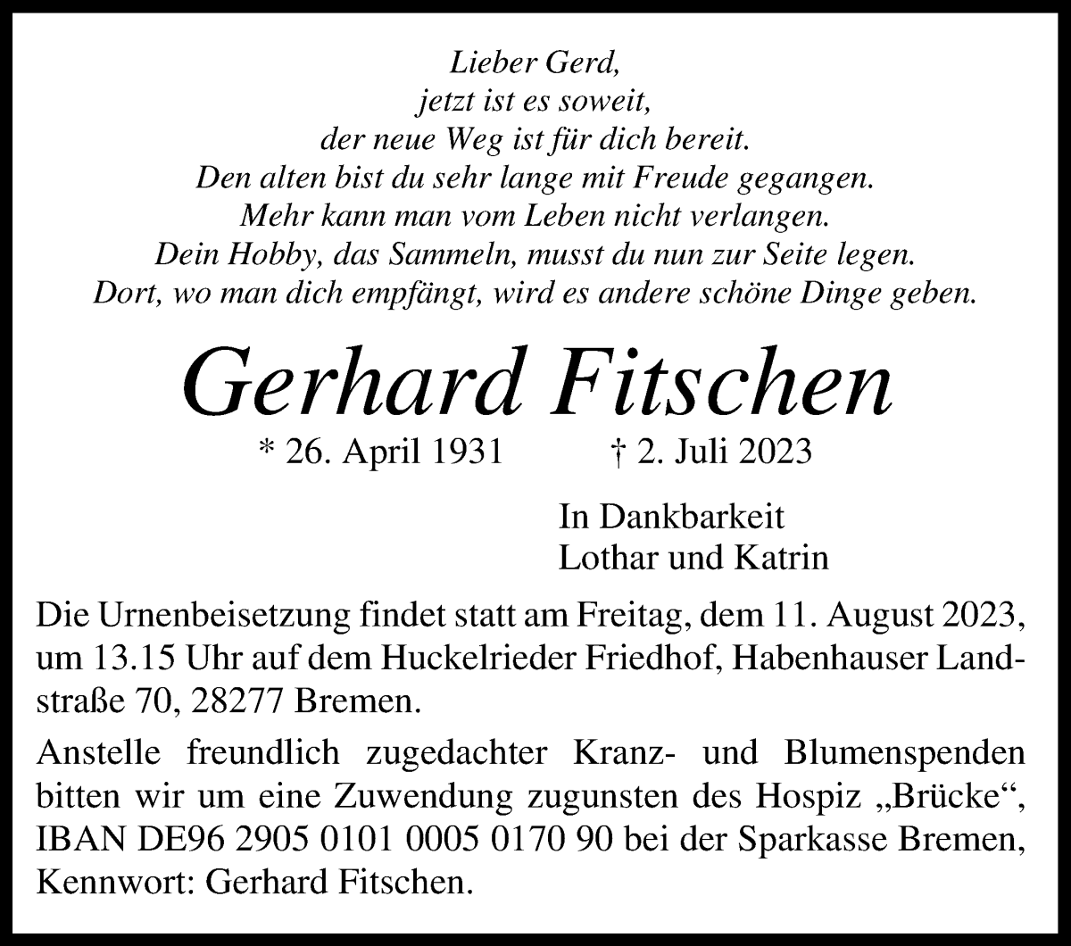 Traueranzeige von Gerhard Fitschen von WESER-KURIER