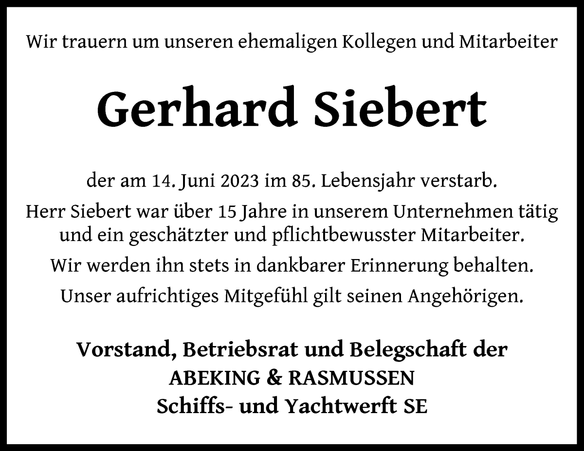 Traueranzeige von Gerhard Siebert von Die Norddeutsche