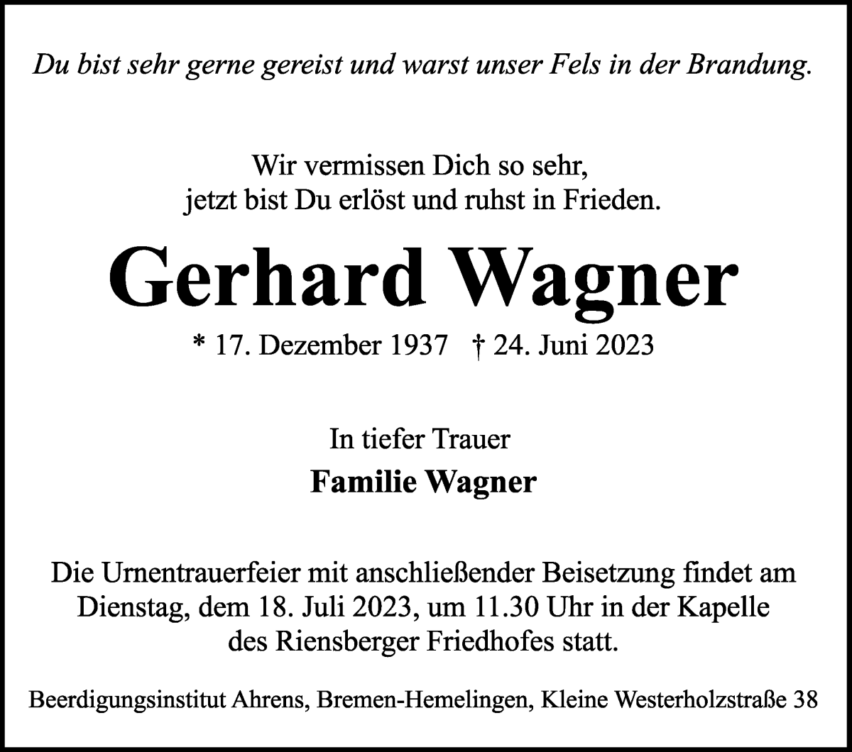 Traueranzeige von Gerhard Wagner von WESER-KURIER