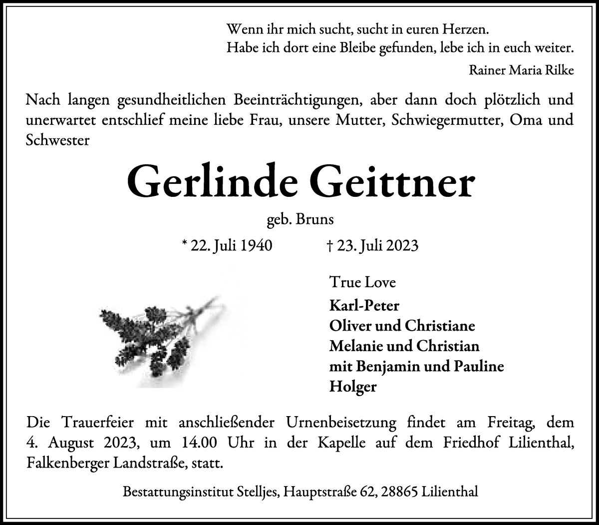 Traueranzeige von Gerlinde Geittner von Wuemme Zeitung