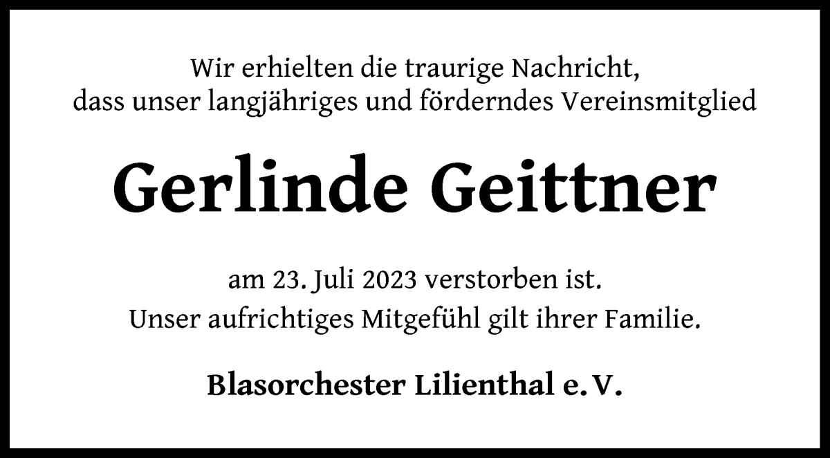 Traueranzeige von Gerlinde Geittner von Wuemme Zeitung