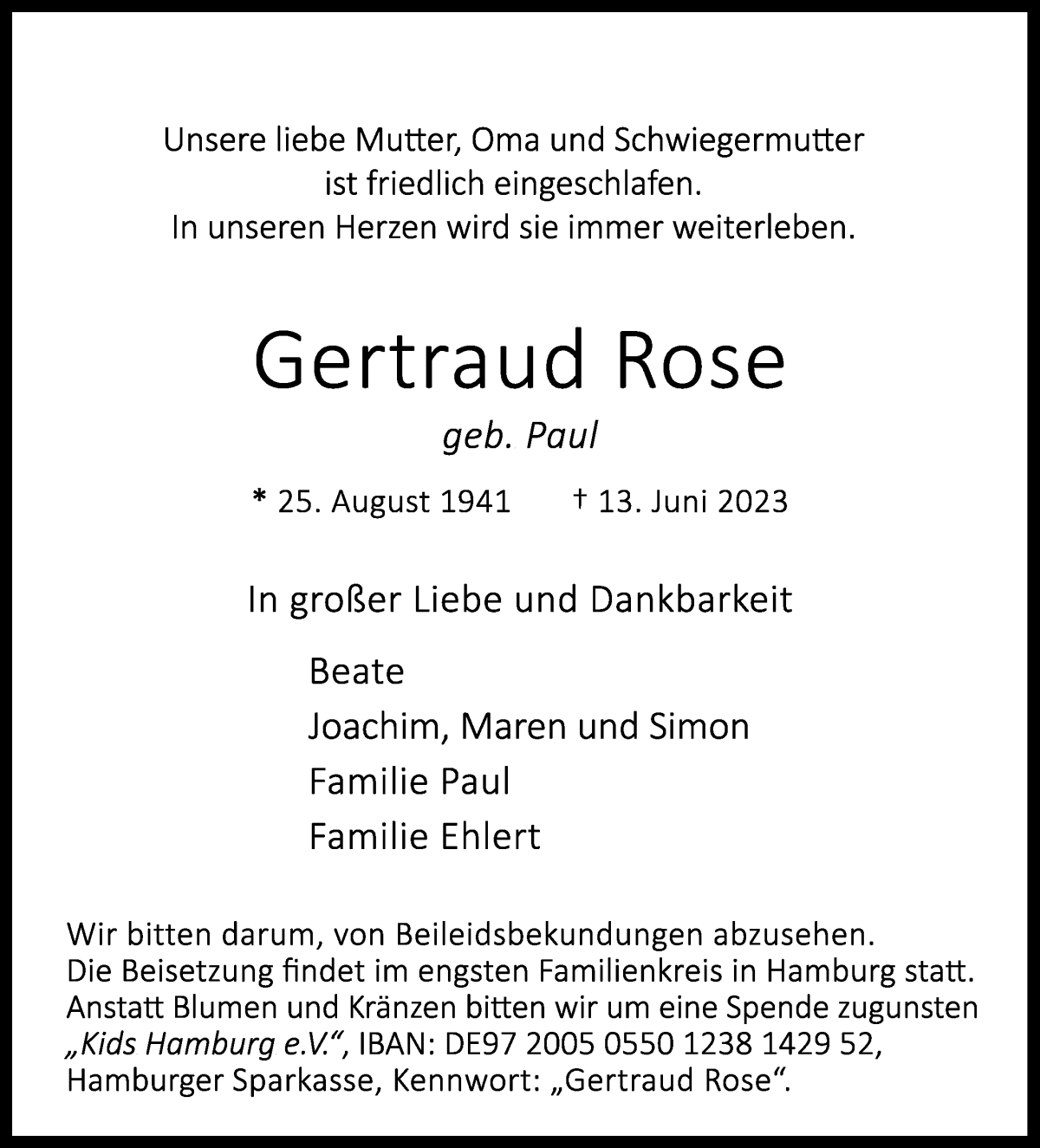 Traueranzeige von Gertraud Rose von WESER-KURIER