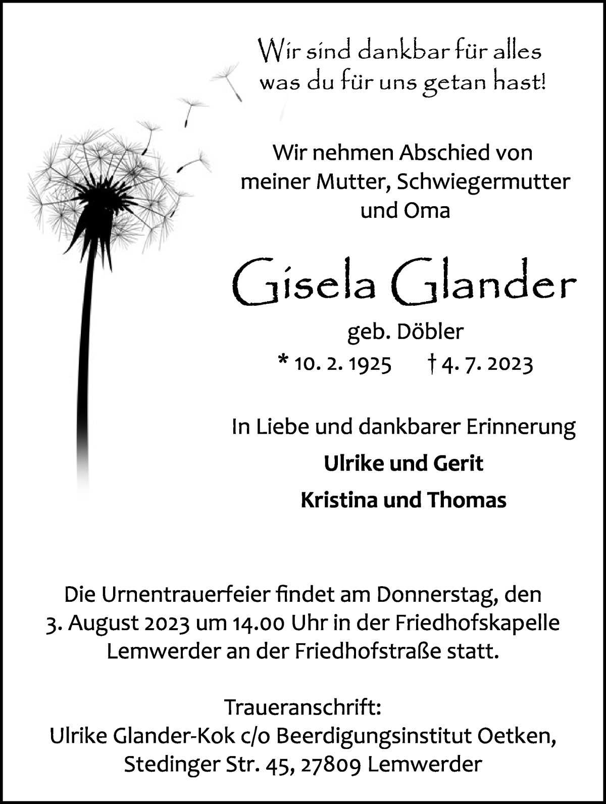 Traueranzeige von Giesela Glander von Die Norddeutsche