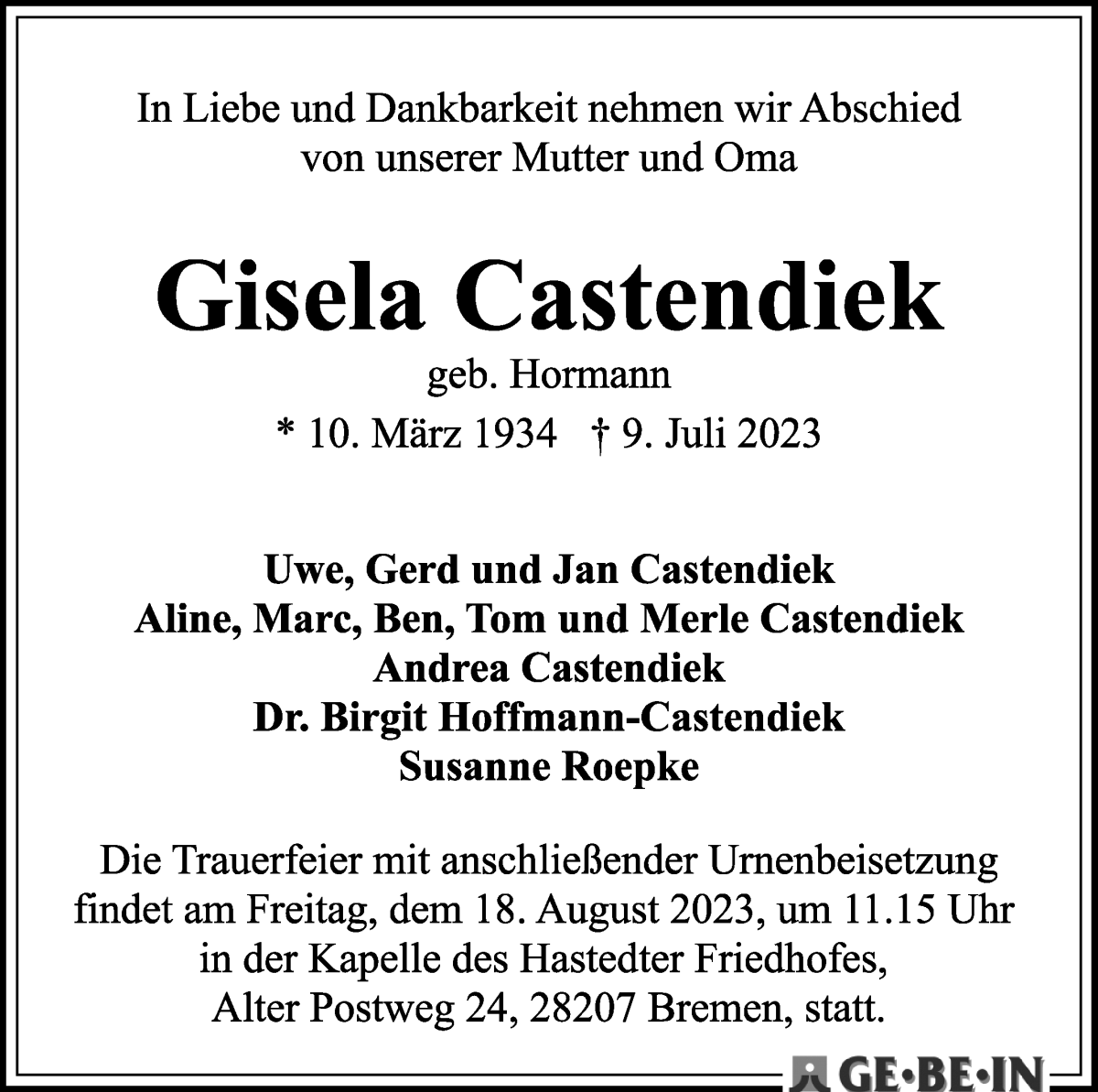 Traueranzeige von Gisela Castendiek von WESER-KURIER