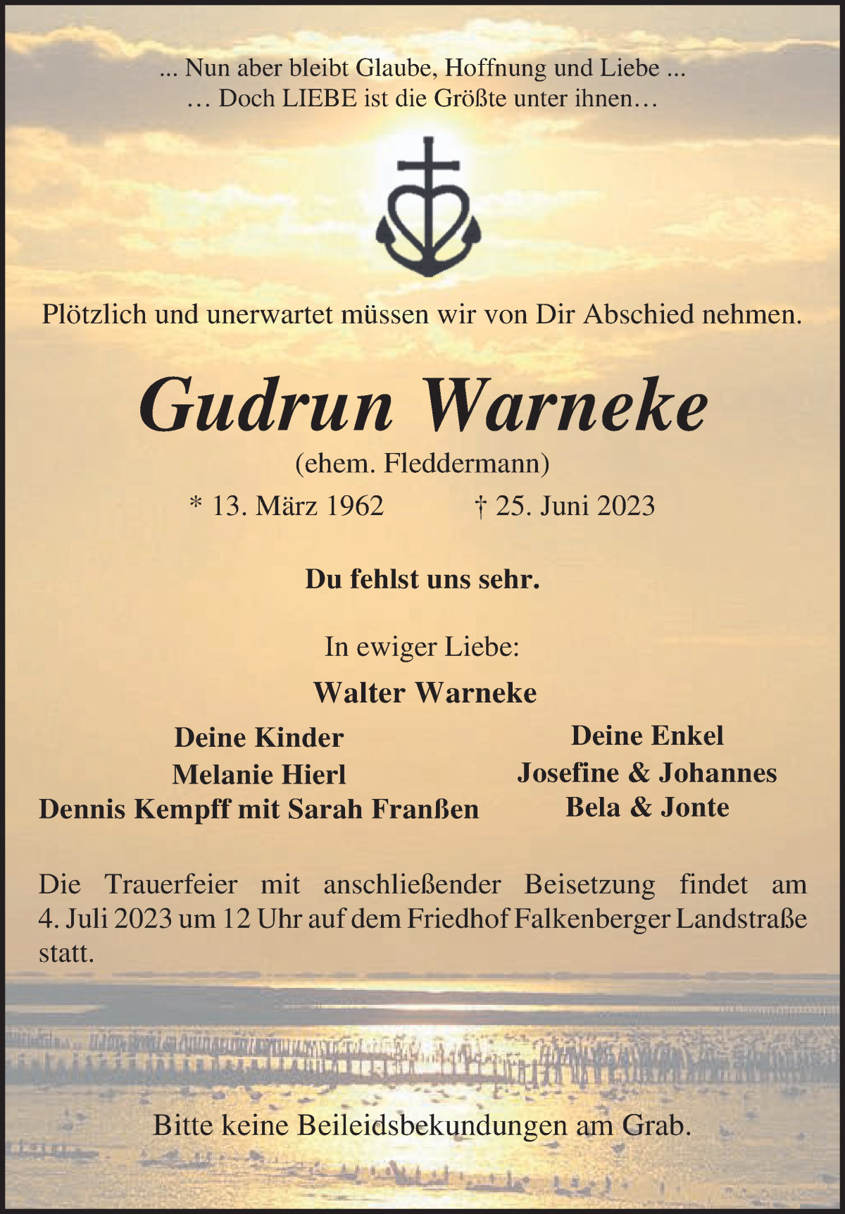 Traueranzeige von Gudrun Warneke von Wuemme Zeitung