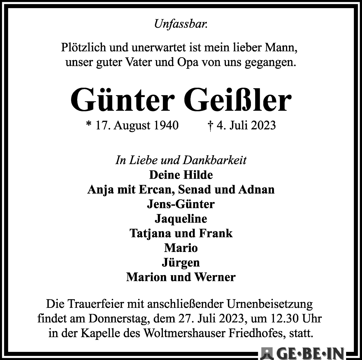 Traueranzeige von Günter Geißler von WESER-KURIER