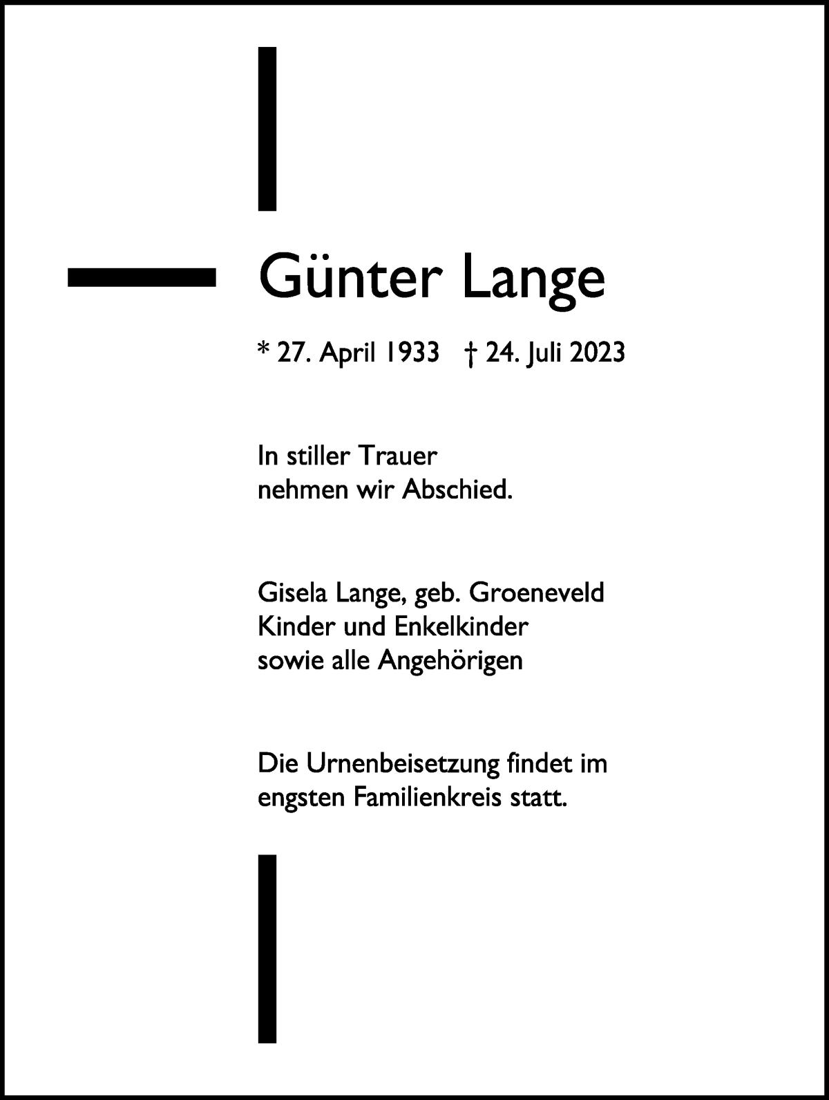 Traueranzeige von Günter Lange von WESER-KURIER