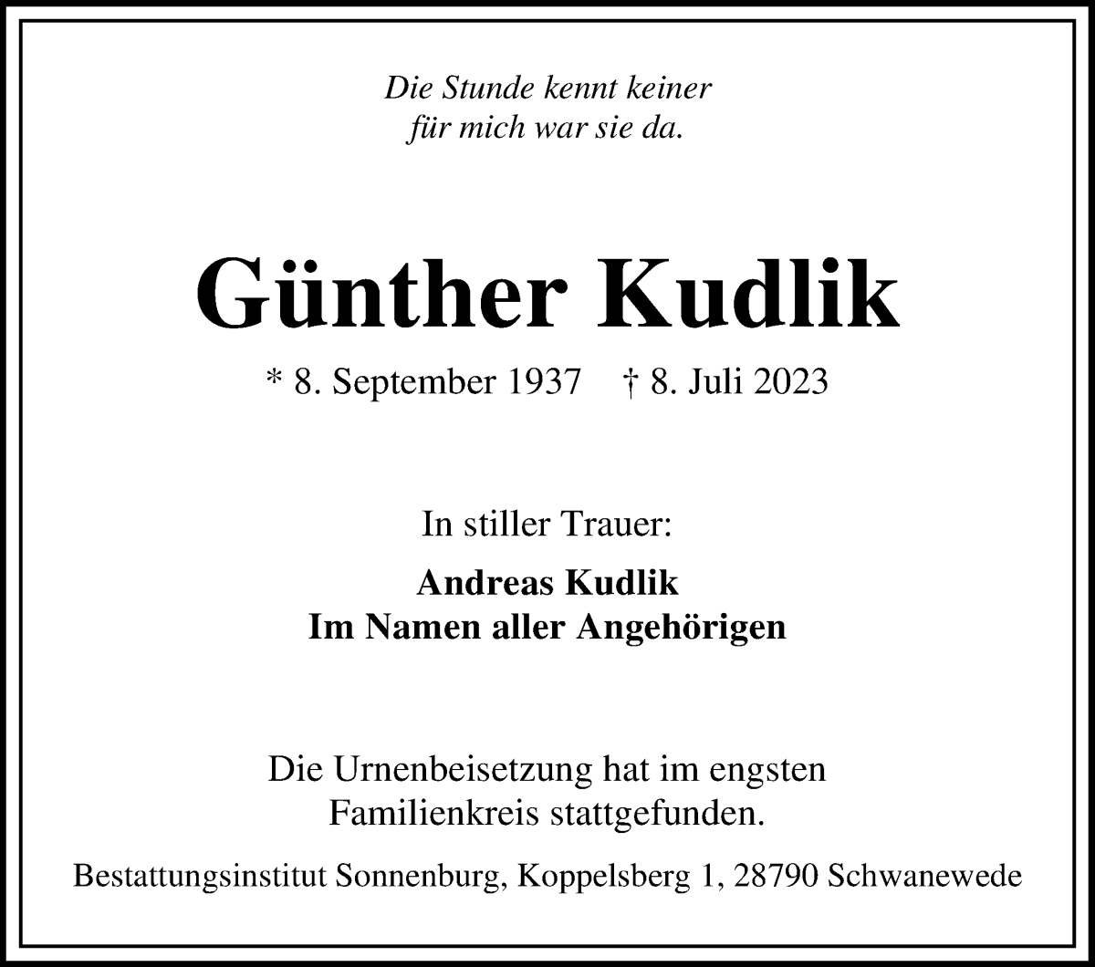 Traueranzeige von Günther Kudlik von Die Norddeutsche