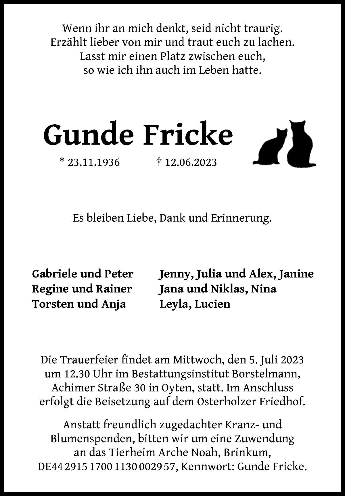 Traueranzeige von Gunde Fricke von WESER-KURIER