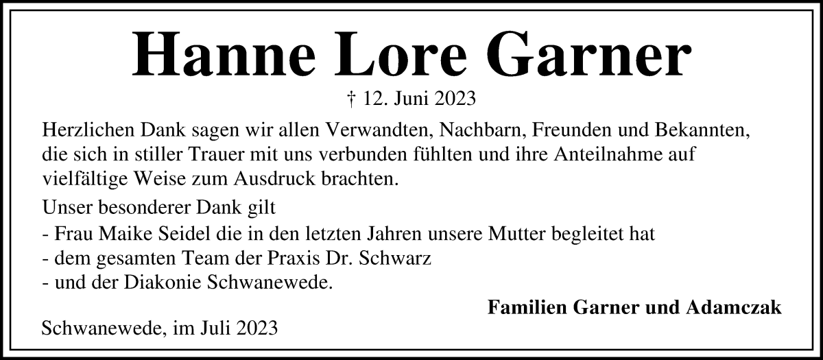 Traueranzeige von Hanne Lore Garner von Die Norddeutsche