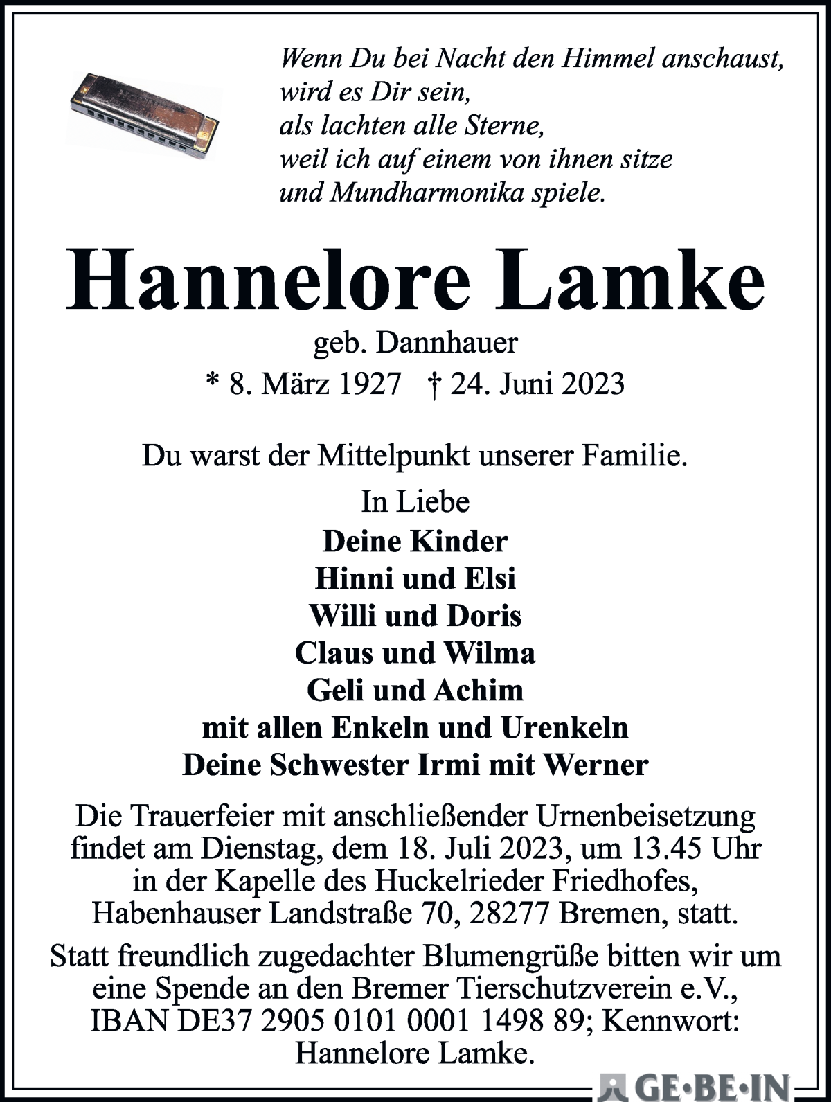 Traueranzeige von Hannelore Lamke von WESER-KURIER