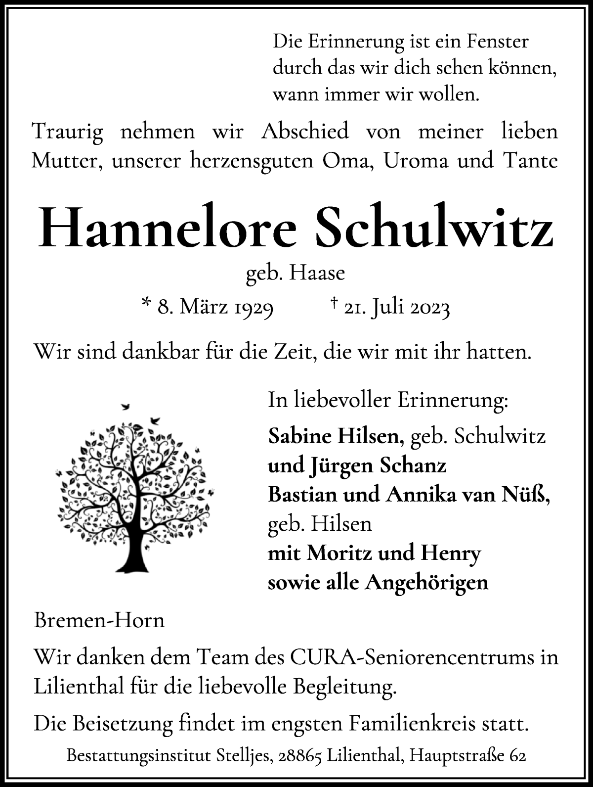 Traueranzeige von Hannelore Schulwitz von WESER-KURIER