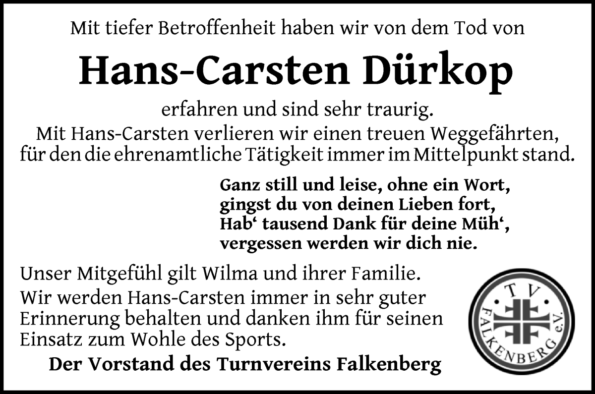 Traueranzeige von Hans-Carsten Dürkop von Wuemme Zeitung