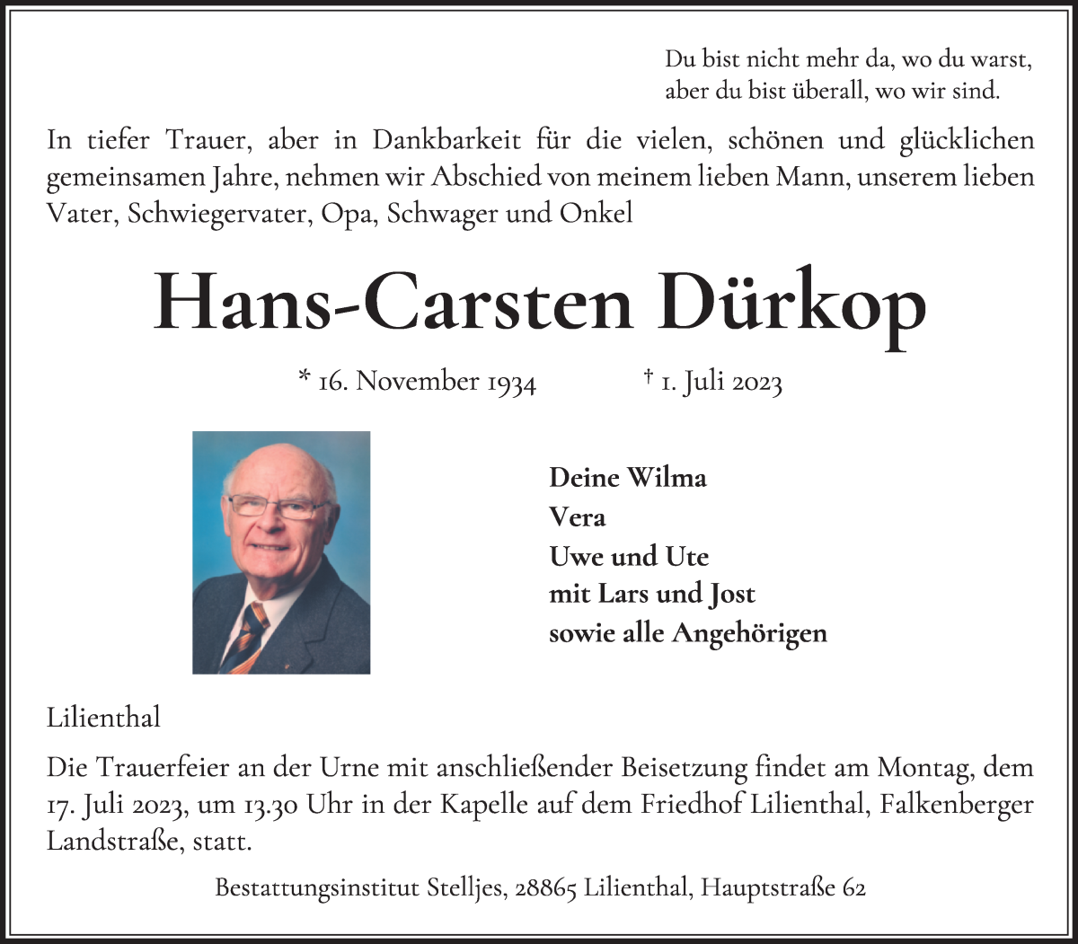 Traueranzeige von Hans-Carsten Dürkop von Wuemme Zeitung