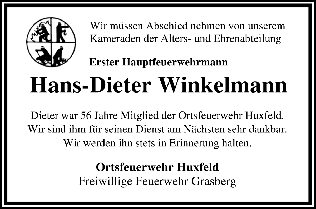 Traueranzeige von Hans-Dieter Winkelmann von Wuemme Zeitung