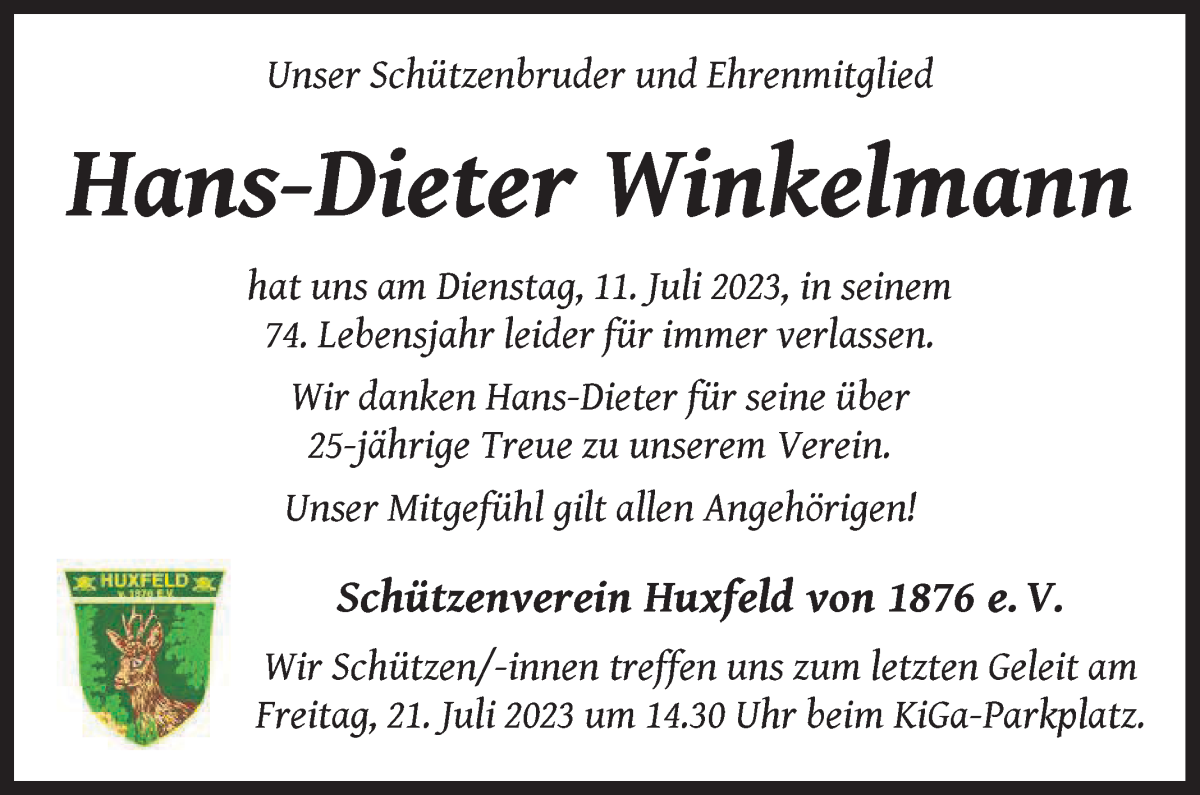 Traueranzeige von Hans-Dieter Winkelmann von Wuemme Zeitung