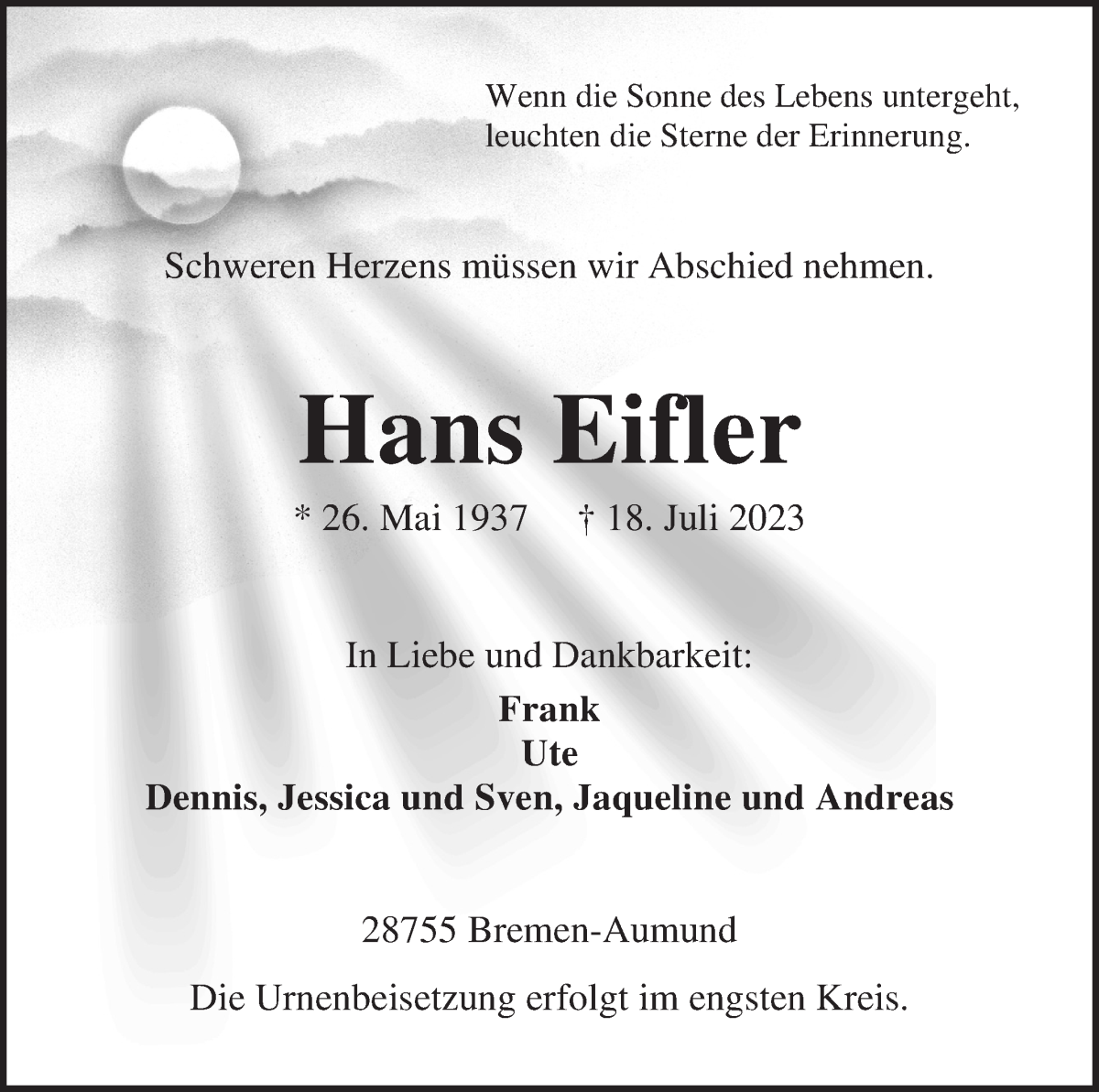 Traueranzeige von Hans Eifler von Die Norddeutsche