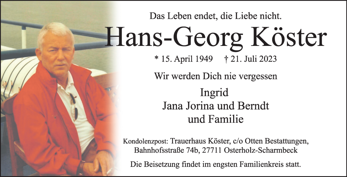 Traueranzeige von Hans-Georg Köster von WESER-KURIER