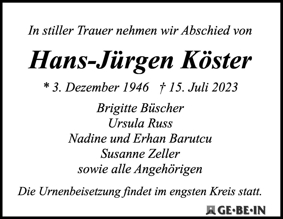 Traueranzeige von Hans-Jürgen Köster von WESER-KURIER