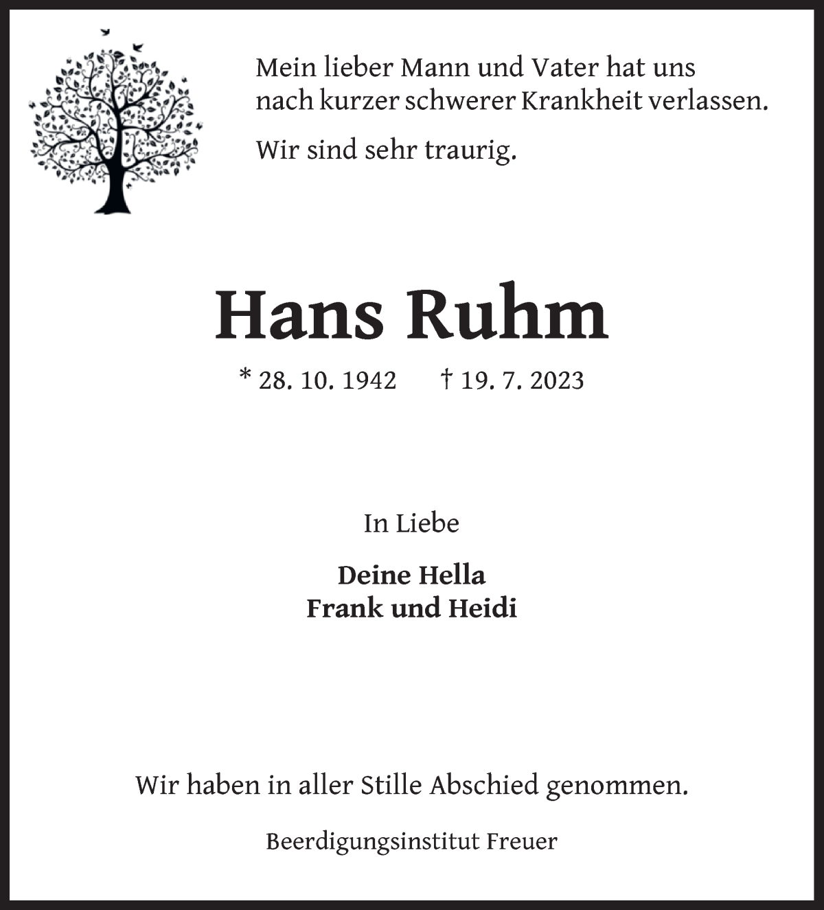 Traueranzeige von Hans Ruhm von WESER-KURIER
