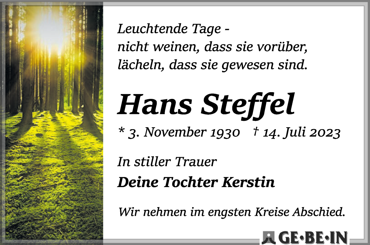 Traueranzeige von Hans Steffel von WESER-KURIER