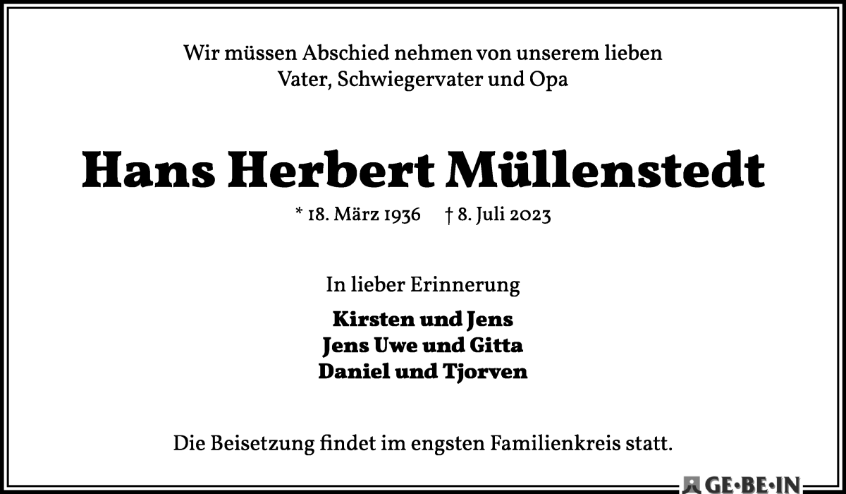 Traueranzeige von Hans Herbert Müllenstedt von WESER-KURIER