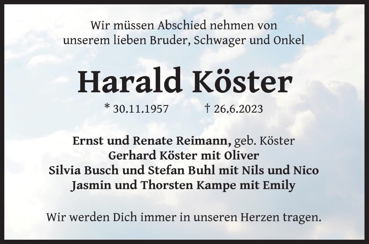 Traueranzeige von Harald Köster von Wuemme Zeitung