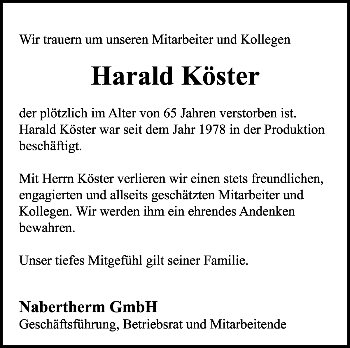 Traueranzeige von Harald Köster von Wuemme Zeitung