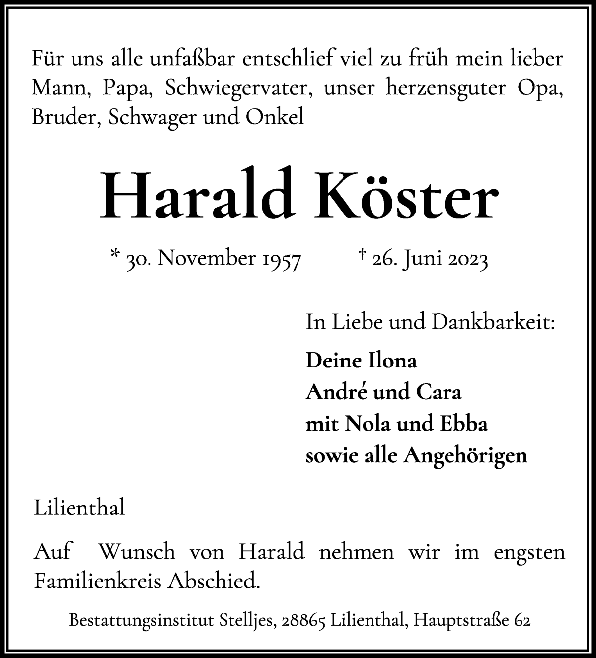 Traueranzeige von Harald Köster von Wuemme Zeitung
