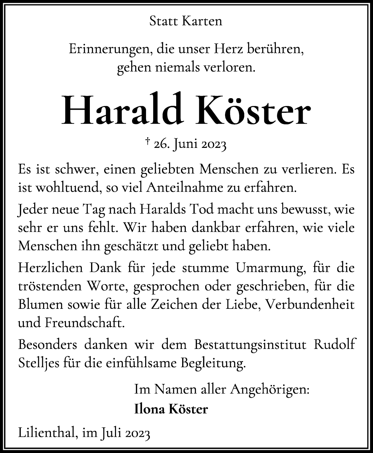 Traueranzeige von Harald Köster von Wuemme Zeitung