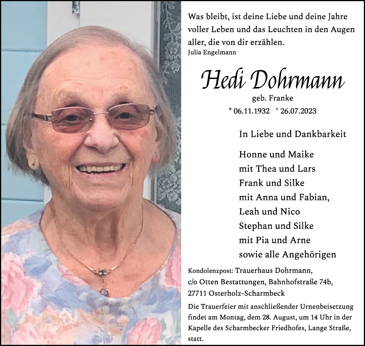 Traueranzeige von Hedwig Dohrmann von Osterholzer Kreisblatt